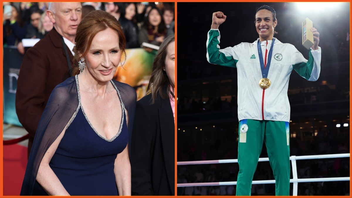 LEFT: LONDON, ENGLAND - MARCH 29: J. K. Rowling attends the "Fantastic Beasts: The Secrets of Dumbledore" World Premiere at The Royal Festival Hall on March 29, 2022 in London, England. RIGHT: PARIS, FRANCE - AUGUST 09: Gold Medallist Imane Khelif of Team Algeria celebrates on the podium during the Boxing Women's 66kg medal ceremony after the Boxing Women's 66kg Final match on day fourteen of the Olympic Games Paris 2024 at Roland Garros on August 09, 2024 in Paris, France.