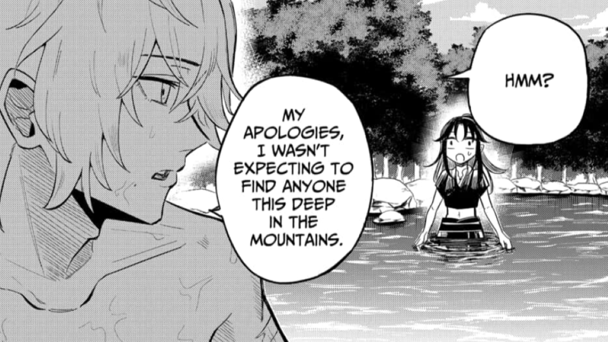 A screengrab of the manga 'Insect Girl' showing Yuren and Mashiro in the waters