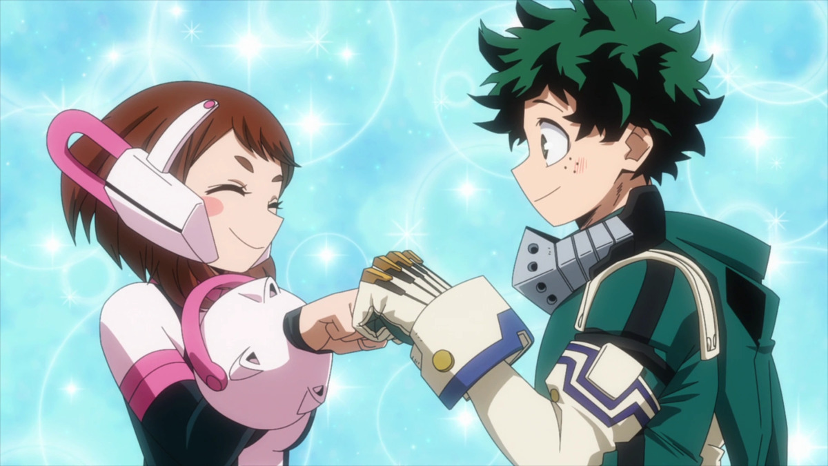 Ochaco Uraraka and Izuku Midoriya bumping fists in the 'My Hero Academia' anime.