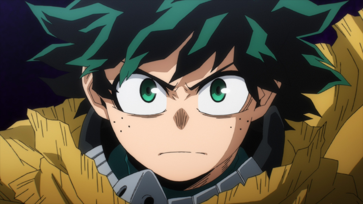 A close-up of Izuku Midoriya looking determined in 'My Hero Academia' season 7.