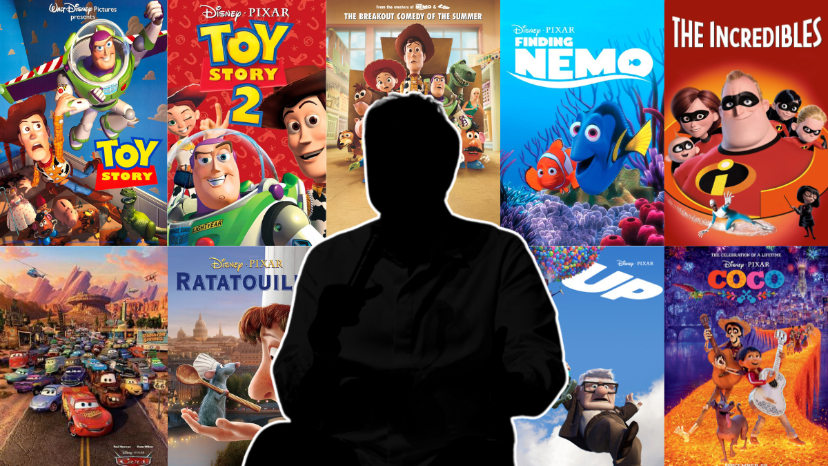 A blacked-out Quentin Tarantino in front of Pixar movie posters