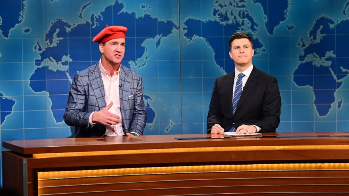 Peyton Manning and Colin Jost on Saturday Night Live