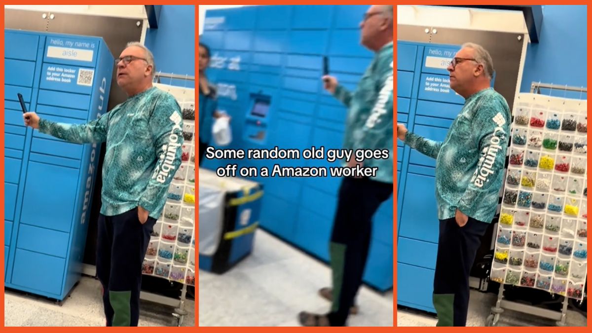 A man holding up his phone in an Amazon store