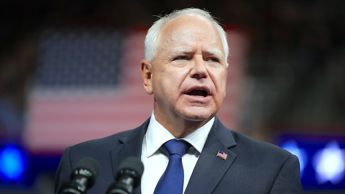 PHILADELPHIA, PENNSYLVANIA - AUGUST 6: Democratic vice presidential candidate Minnesota Gov. Tim Walz speaks during a campaign rally with Democratic presidential candidate, U.S. Vice President Kamala Harris at the Liacouras Center at Temple University