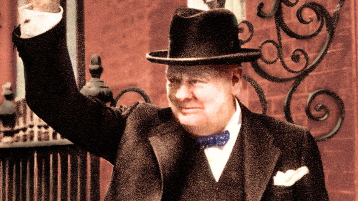 portrait of British Prime Minister giving the 'V' victory sign. 1874-1965. Colourised version.