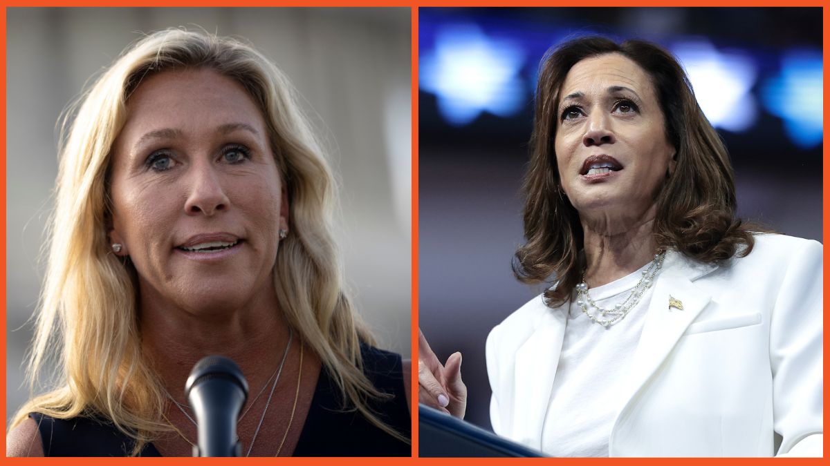 Marjorie Taylor Greene (R-GA) speaks at a news conference after visiting the Holocaust Museum and Kamala Harris speaks at a campaign rally at the Enmarket Arena